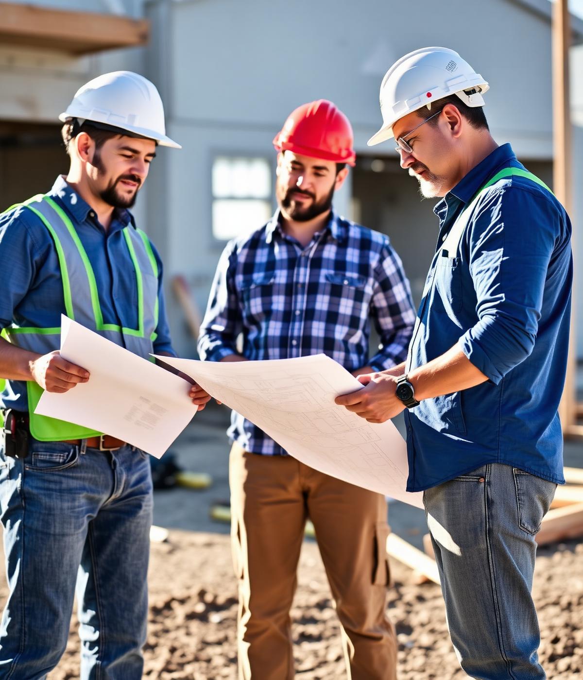 Almaraz Construction team reviewing project blueprints