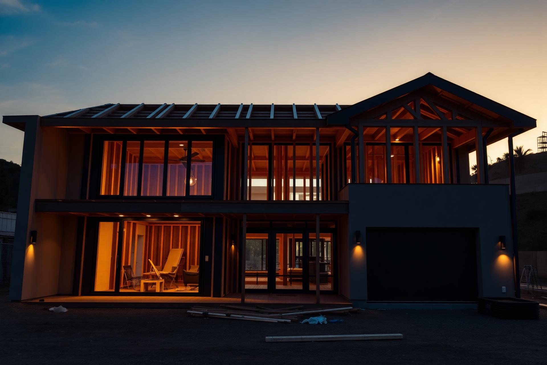 Modern home under construction at golden hour
